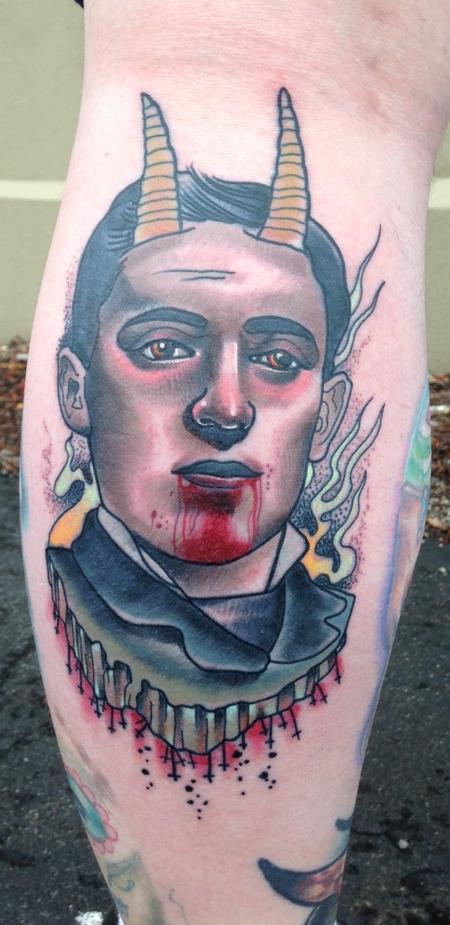 Gary Dunn - traditional evil man with horns and blood tattoo, Art Junkies Tattoos Gary Dunn